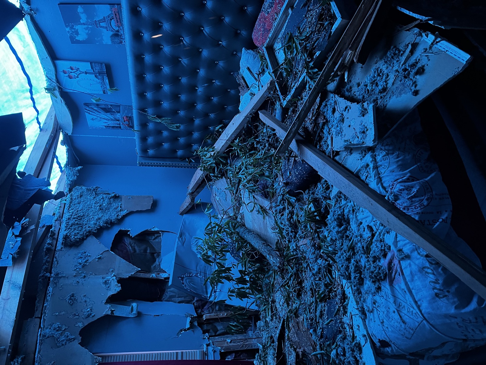 Interior of a home severely damaged by storms in the Hot Springs area